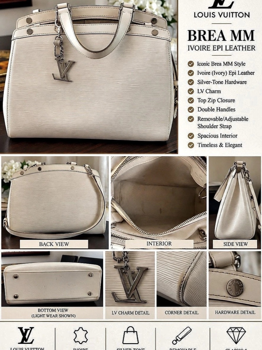Louis Vuitton Brea MM Ivory Leather Tote Like New